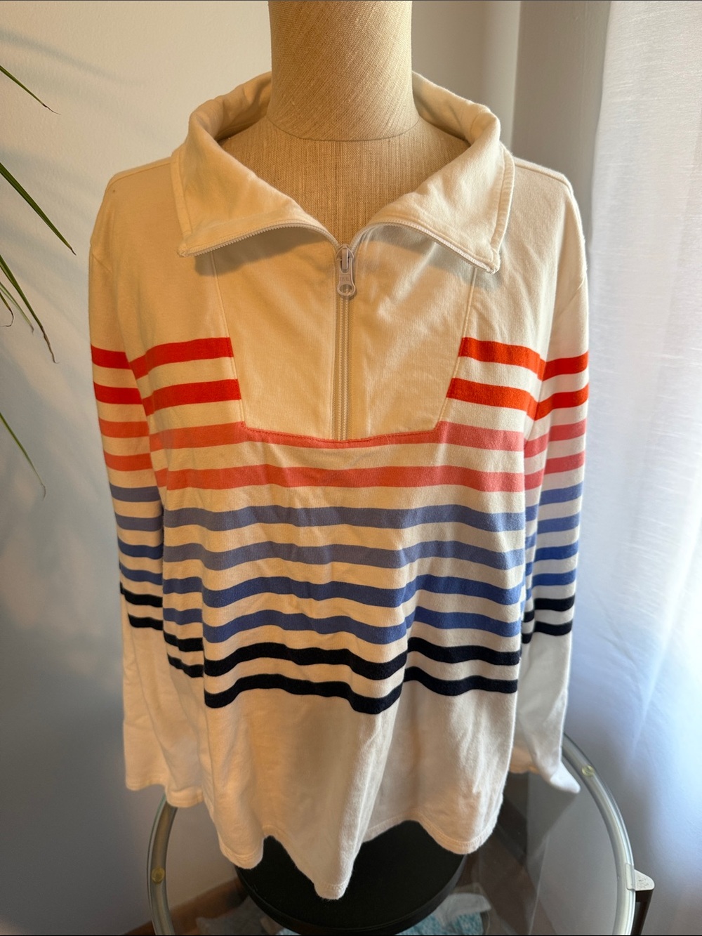 T by Talbots Cotton Cream Quarter-Zip Striped Pullover with Multicolor Bands